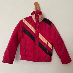 Vintage 70s 80s ski jacket puffer vest zip sleeves red stripe Suzy Chaffee S-M
